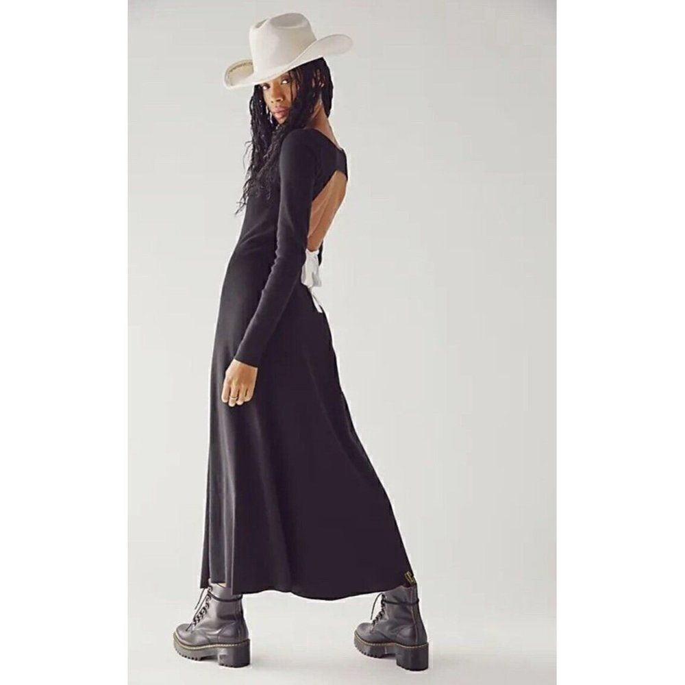 NWT FREE PEOPLE TUPELO HONEY MAXI DRESS LONG SLEEVE OPEN BACK BLACK